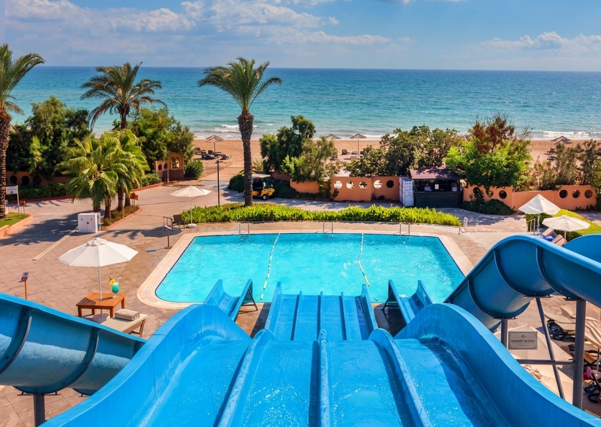 Waterpark with colourful slides for families